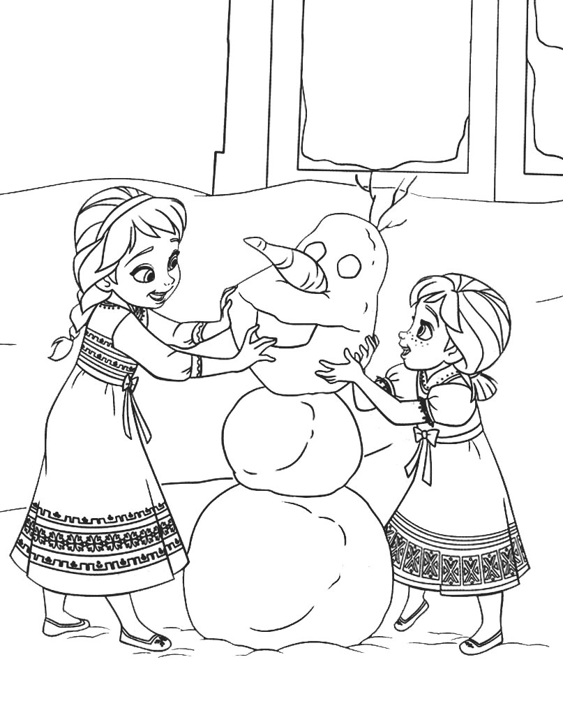 Anna i Elsa lepią bałwanka Olafa kolorowanka dla dzieci