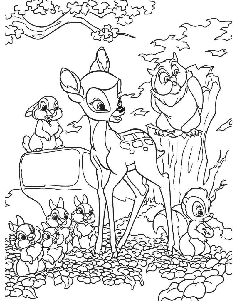 Kolorowanka Bambi z króliczkami i sową