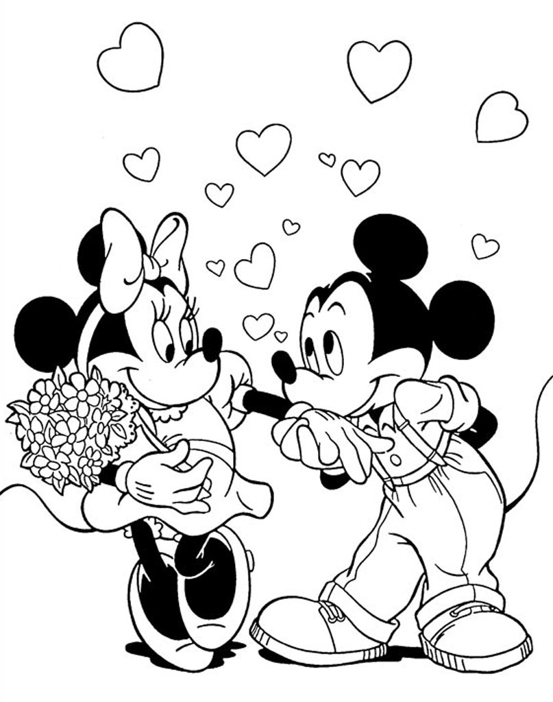 Kolorowanka Myszka Miki i Minnie z serduszkami
