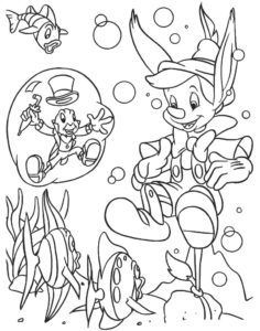 Kolorowanka Pinokio pod wodą z żukiem