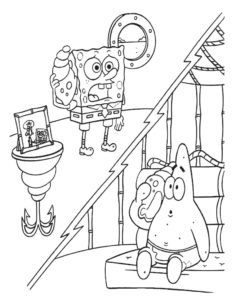 Patryk i SpongeBob rozmawiają przez telefon - kolorowanka za darmo