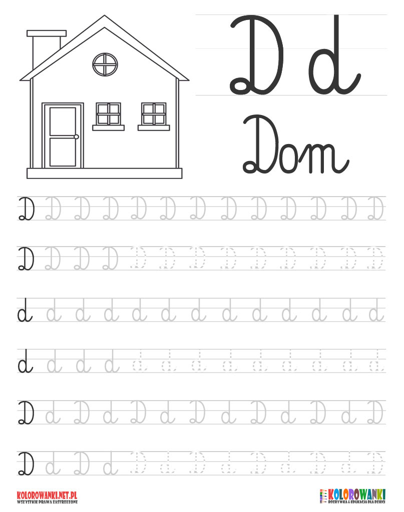 Nauka pisania liter po śladzie – litera D, d