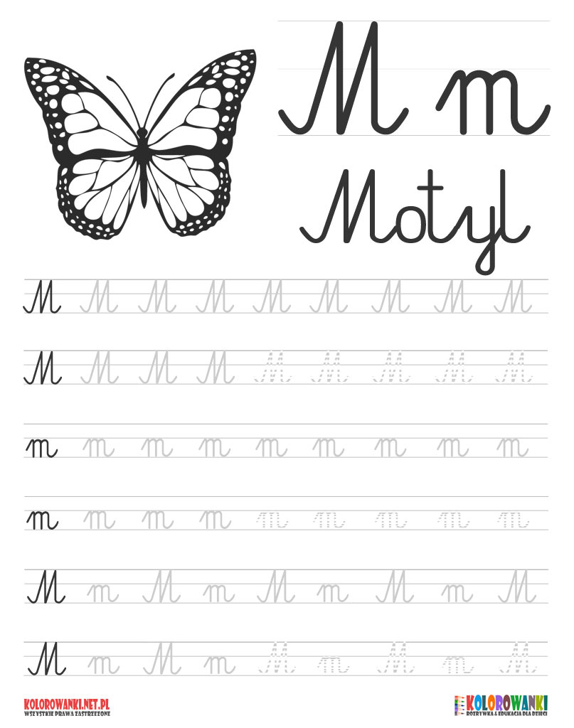 Nauka pisania liter po śladzie - litera M, m