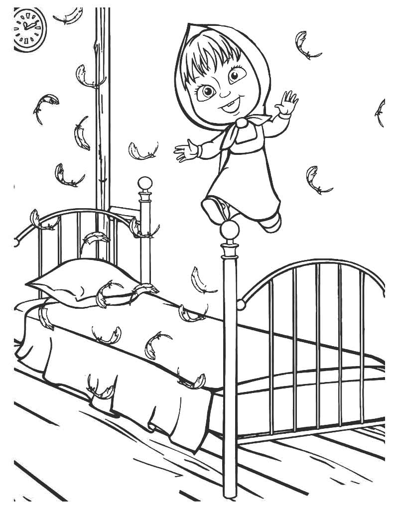 Masza skacze po łóżku kolorowanka dla dzieci