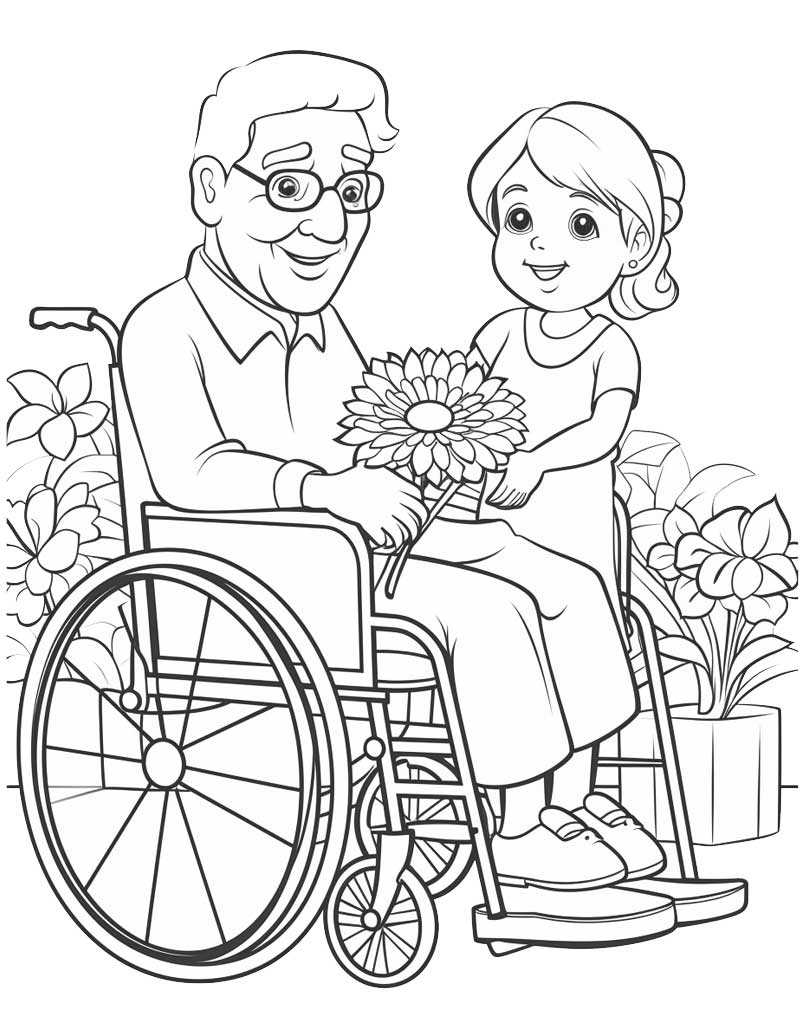 Dziadek na wózku inwalidzkim - kolorowanka dla dzieci