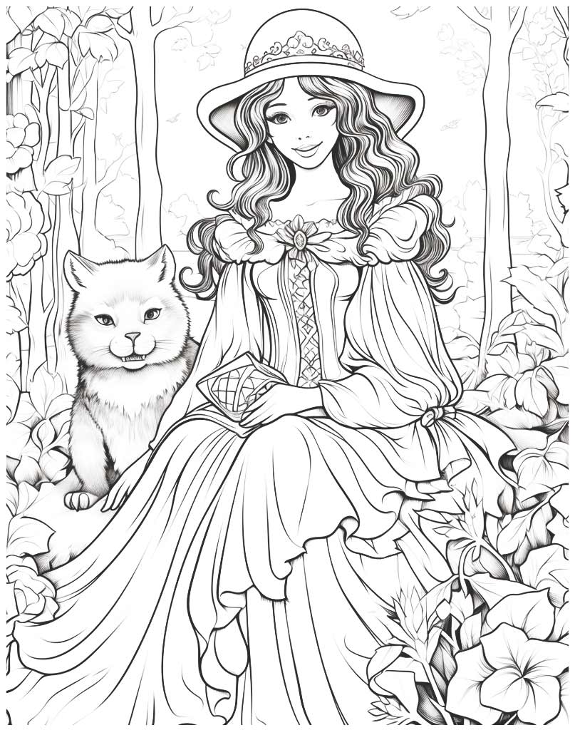 Księżniczka z kotem kolorowanka dla starszych dzieci
