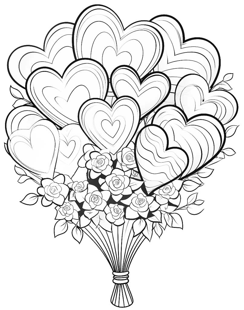 Bukiet kwiatów z sercami na Walentynki do druku