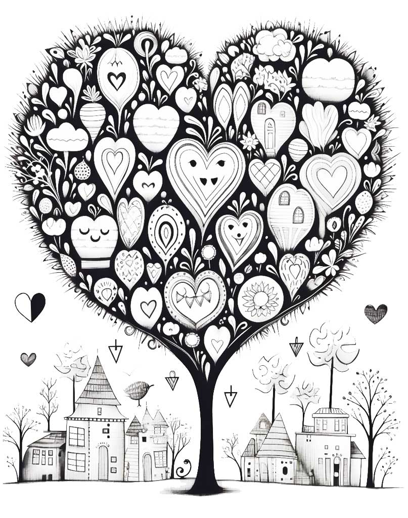 Drzewko miłości kolorowanka na Walentynki do wydruku