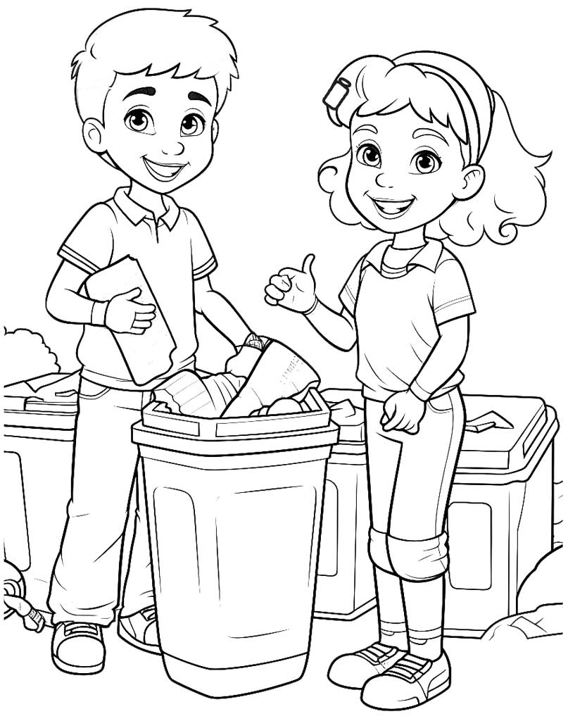 Dzieci sprzątające śmieci kolorowanka na Dzień Ziemi