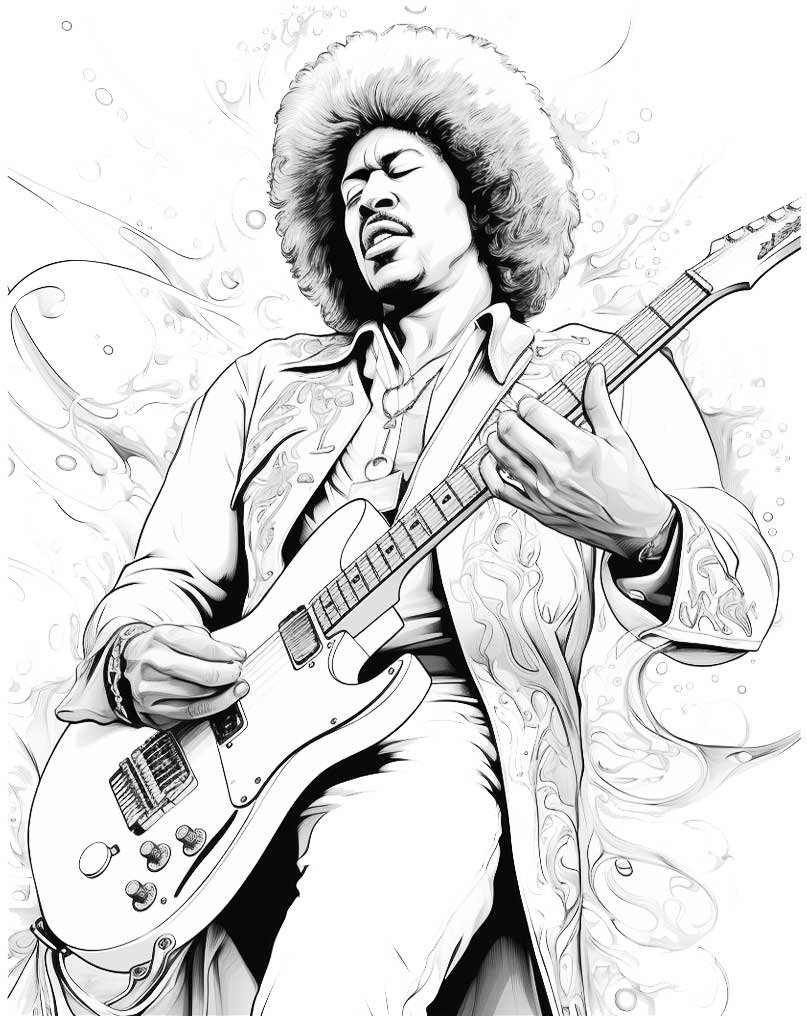 Jimi Hendrix kolorowanka z gitarzystą do druku