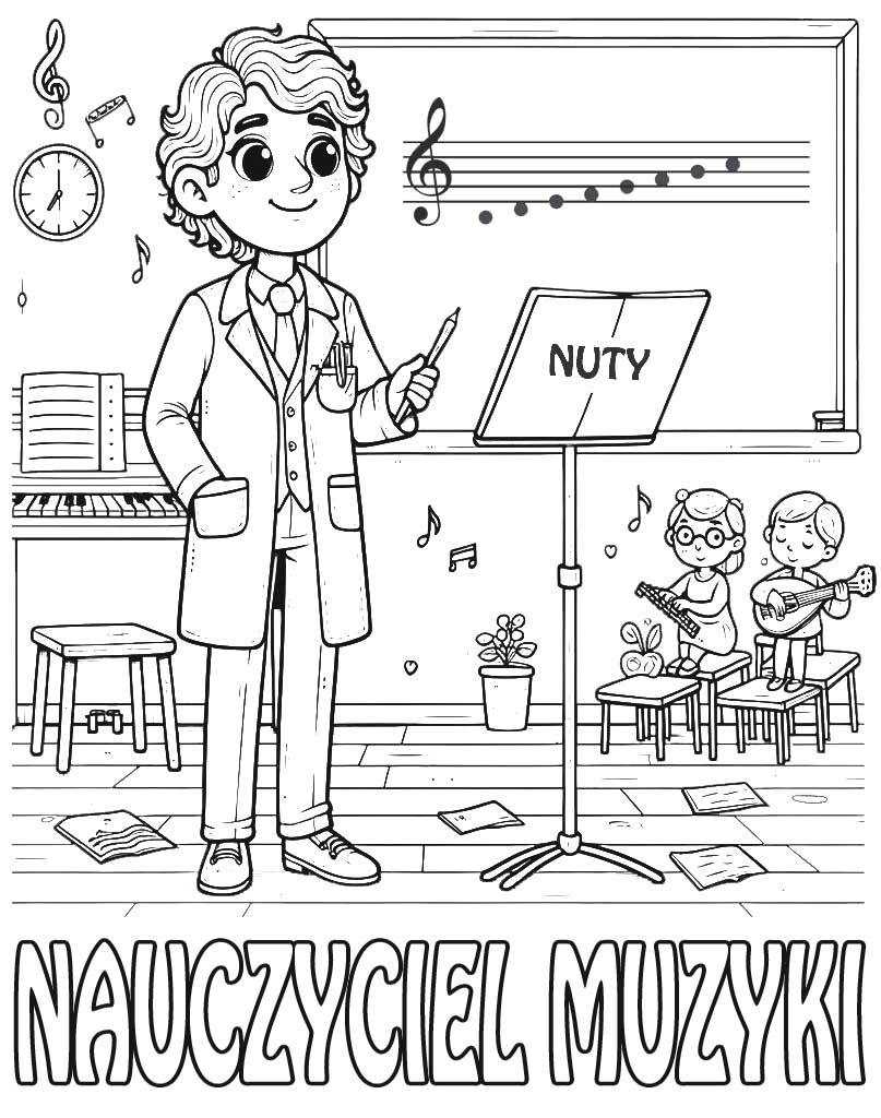 Nauczyciel muzyki kolorowanka do druku dla dzieci