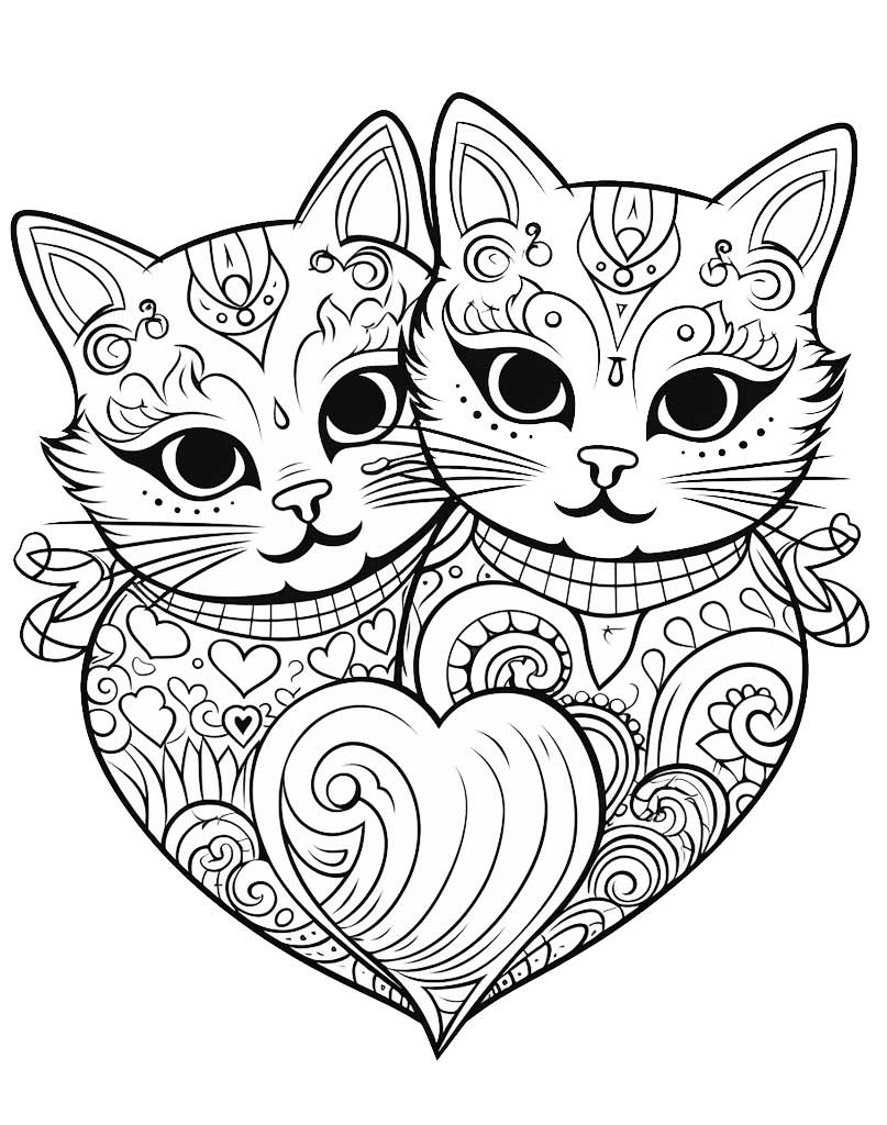 Zakochane kotki kolorowanka na Walentynki dla dzieci