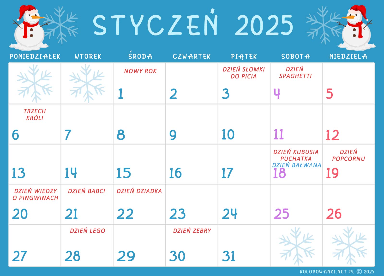 Kalendarz świąt nietypowych dla dzieci - Styczeń 2025