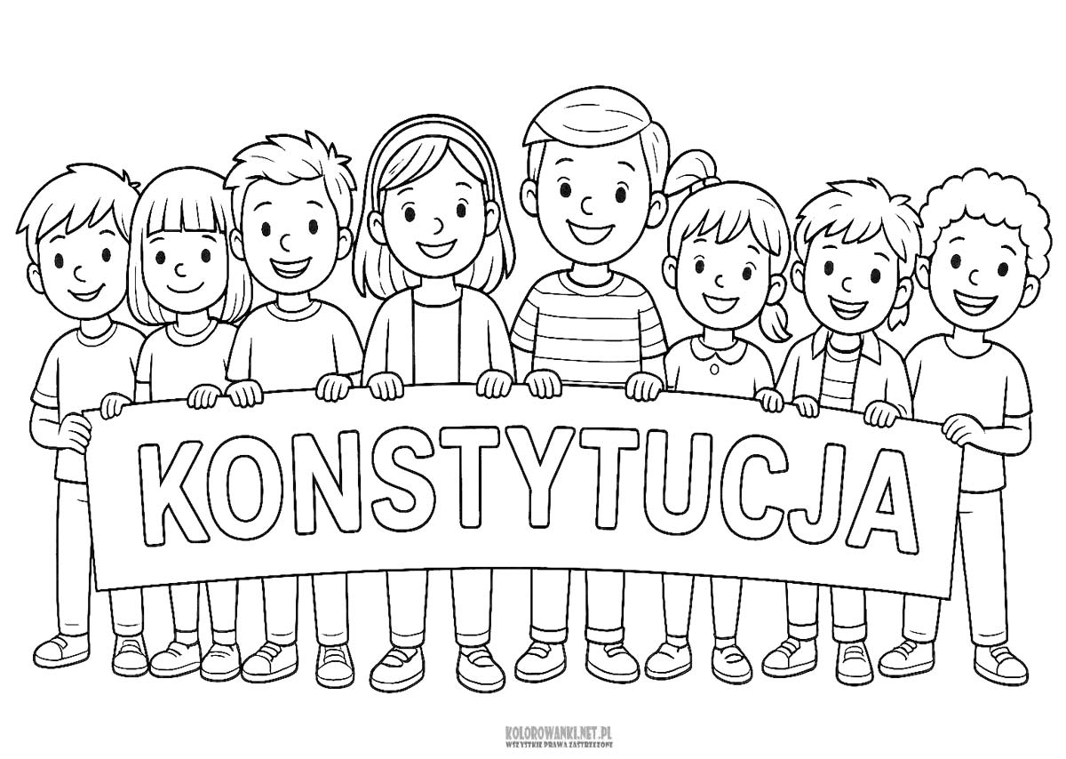 Kolorowanka z dziećmi i napisem KONSTYTUCJA – Święto 3 Maja